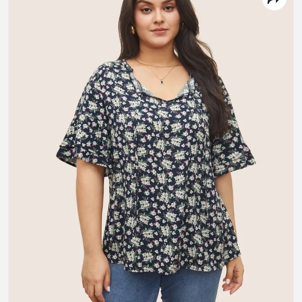 BloomChic Plus Size XL Floral Print Cross Straps Frill Trim Blouse  us14-16